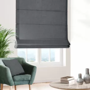 Roleta rzymska grafitowa miękka, szenilowa tkanina o wyraźnym splocie i delikatnym połysku