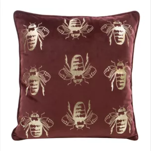 Poszewka na poduszkę 45x45 cm welwetowa z symetrycznym nadrukiem pszczół ciemnobordowo, złocista BILNK Eurofirany