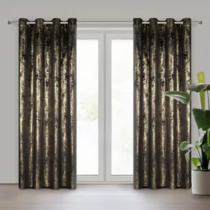 Zasłona czarno, złota zdobiona błyszczącym przecieranym wzorem z welwetu 140x250 cm przelotka RENIA Eurofirany