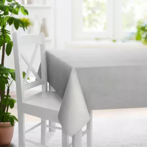 Obrus szyty popielaty z miękkiej matowej tkaniny szenilowej o naturalnym splocie