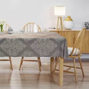 Obrus szyty popielato szary tkanina w ornamentowy wzór, z dodatkiem połyskującej nici