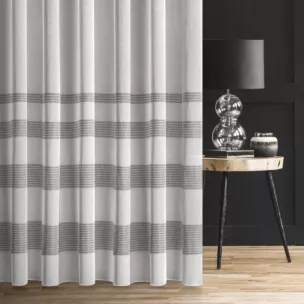 Firana szyta na taśmie fala ALFREDA biało szara z miękkiej etaminowej tkaniny ozdobionej ażurowymi pasami