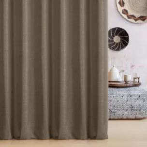 Zasłona szyta na przelotkach jasnobrązowa o naturalnym charakterze, z widocznym, ozdobnym splotem