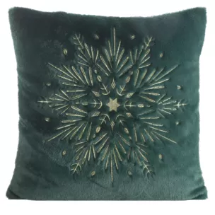 Poszewka na poduszkę świąteczna  45x45 cm ciemnozielono, szampańska z przyjemnego futerka zdobiona haftem śnieżynki Eurofirany