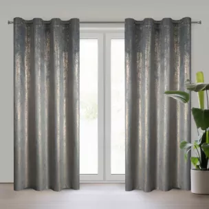 Zasłona srebrna z tkaniny welwetowej zdobiona złotym przecieranym nadrukiem złote przelotki - DARA Eurofirany