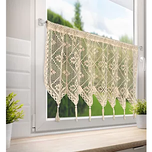 Zazdrostka jasnobeżowa  ażurowa w stylu boho z ozdobnymi chwostami 150x60 cm tunel MARTHA Eurofirany