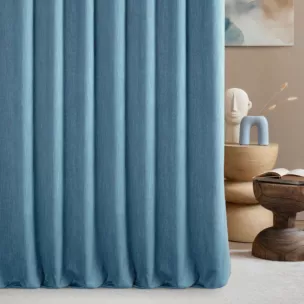 Zasłona szyta na taśmie 5 cm niebieska z tkaniny o naturalnym splocie z efektem melanżu