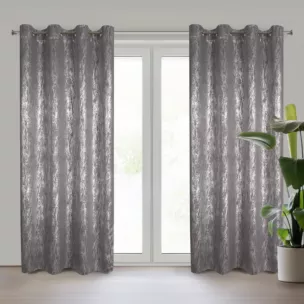 Zasłona stalowo, srebrzysta zdobiona błyszczącym wzorem z tkaniny zaciemniającej 140x250 przelotka ELISE Eurofirany