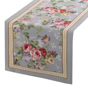 Bieżnik na stół popielato, czerwony 45x140 cm gobelinowy zdobiony motywem kwiatów