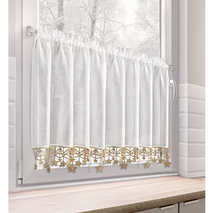 Zazdrostka świąteczna biało, złota z etaminy zdobiona luźno zwisającymi gwiazdkami 150x60 cm tunel - XMAS Eurofirany