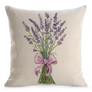 Poszewka na poduszkę 45x45 cm bawełniana, gobelinowa naturalno, zielona z nadrukiem lawendy GOBELIN Eurofirany