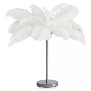 Lampa stojąca do salonu srebrno, biała FERI na metalowej podstawie z niezwykle efektownym abażurem z naturalnych strusich piór Eurofirany