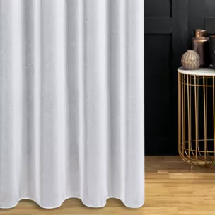 Firana szyta na flexach biała z matowej tkaniny w stylu eko, wykończona obciążnikiem