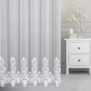 Firana szyta na taśmie 8 cm biała z matowej, delikatnej tkaniny ADEN haftowanej, ornamentowy wzór