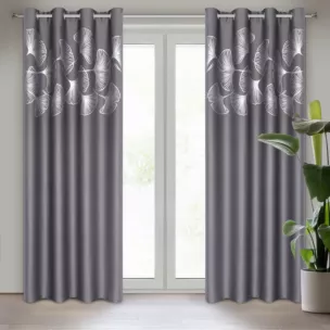 Harmony grafitowa zasłona zaciemniająca ze złotym wzorem liści ginko na przelotkach 140x250 cm Eurofirany