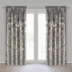 Zasłona stalowo, szampańska zdobiona nadrukiem błyszczących kwiatów 140x270 cm taśma - CELIA Eurofirany