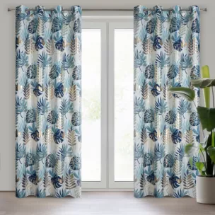 Zasłona biało, turkusowa zdobiona błyszczącym egzotycznym nadrukiem z tkaniny typu oxford 140x250 cm przelotka MALTA  Eurofirany