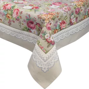 Obrus oliwkowo, różowy 140x180 cm gobelinowy zdobiony tkanym motywem kwiatowym