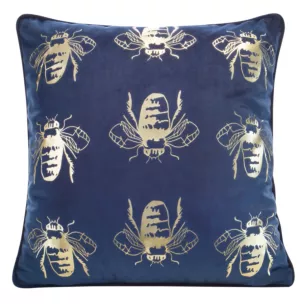 Poszewka na poduszkę 45x45 cm welwetowa z symetrycznym nadrukiem pszczół granatowo, złocista BILNK Eurofirany