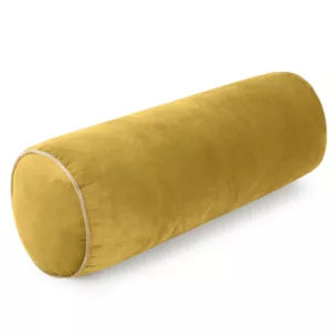 Poduszka dekoracyjna wałek 45 x 15 cm welwetowa musztardowa zdobiony kontrastującą lamówką GAJA Eurofirany