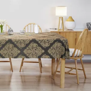 Obrus szyty czarny tkanina w ornamentowy wzór, z dodatkiem połyskującej nici