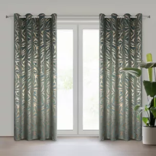 Zasłona miętowo szampańska zdobiona nadrukiem liści 140x250 cm złota przelotka - MILENA Eurofirany