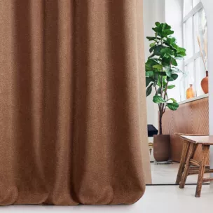 Zasłona szyta na flexach brązowa z tkaniny typu bukla o grubym splocie