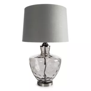 Lampa stołowa do pokoju srebrna ADELINE z lekko dymionego szkła i matowym abażurem Eurofirany