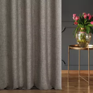 Zasłona szyta na tunelu brązowa z miękkiej tkaniny w stylu eko, z efektem melanżu, przetykana metaliczną nicią