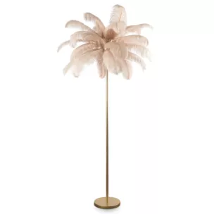 Lampa stojąca do salonu beżowo, szampańska FERI na metalowej podstawie z efektownym abażurem z naturalnych strusich piór Eurofirany