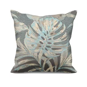 Poszewka szyta popielato miętowa z eleganckiej tkaniny w ciekawy, botaniczny wzór