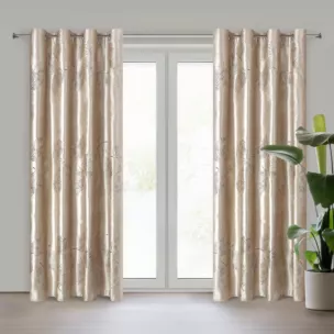 Zasłona beżowo, złota z błyszczącym nadrukiem z welwetu 140x250 cm przelotka - IDALIA Eurofirany