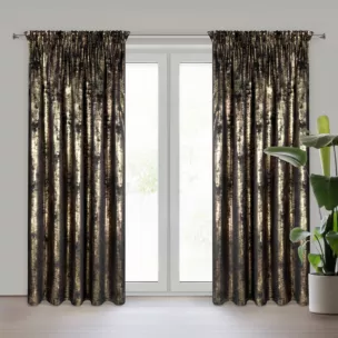 Zasłona czarno, złota zdobiona błyszczącym przecieranym wzorem z welwetu 140x270 cm taśma RENIA  Eurofirany
