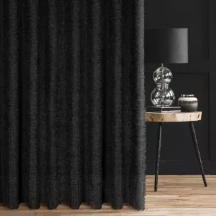 Zasłona szyta na taśmie fala czarna z tkaniny z aplikacją