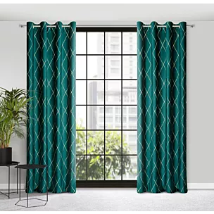 Zasłona turkusowo, złota haftowana w duże karo z tkaniny welwetowej 140x250 cm przelotka MARGO Pierre Cardin Eurofirany