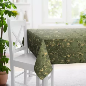 Obrus szyty oliwkowo złocisty z tkaniny welwetowej zdobionej połyskującym drukiem