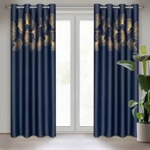 Zasłona granatowa ze złotym wzorem liści ginko, zaciemniająca 140x250 cm przelotka HARMONY Eurofirany