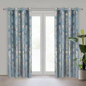 Zasłona niebiesko, szampańska z nadrukiem liści, welwetowa 135x250 przelotka ARIA Eurofirany