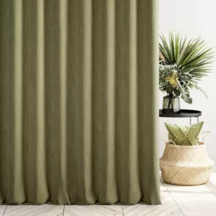 Zasłona szyta na taśmie 5 cm ciemnooliwkowa z tkaniny o naturalnym splocie z efektem melanżu