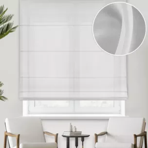 Roleta rzymska biała z miękkiej i delikatnej tkaniny typu KREPA, wykończona obciążnikiem