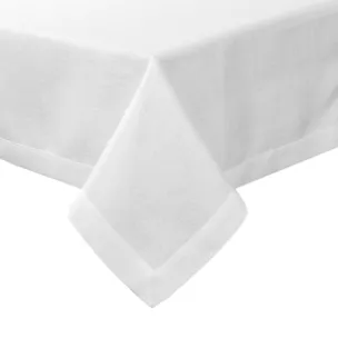 Obrus biały 145x240 cm z tkaniny przypominającej płótno STELLA 2 z podwójną listwą na brzegach