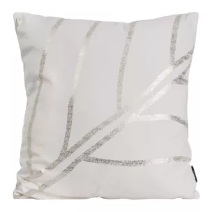 Poszewka na poduszkę 45x45 cm welwetowa z błyszczącym nadrukiem liści biała BLINK 38 Eurofirany