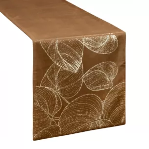 Bieżnik na stół brązowo, złocisty 35x140 cm welwetowy BLINK 16 z dużym wzorem liści