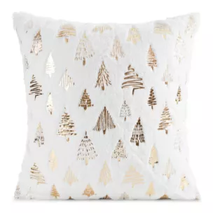 Poszewka na poduszkę świąteczna 45x45 cm biało, złota z przyjemnego futerka zdobiona nadrukiem choinek Eurofirany