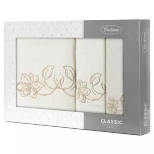 Zestaw ręczników bawełnianych 3 szt kolor kremowy, beżowy z haftem subtelnych kwiatów 400 g/m2 LILA Eurofirany