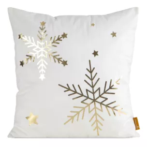 Poszewka na poduszkę świąteczna 45x45 cm welwetowa biała zdobiona nadrukiem szampańskich śnieżynek Eurofirany