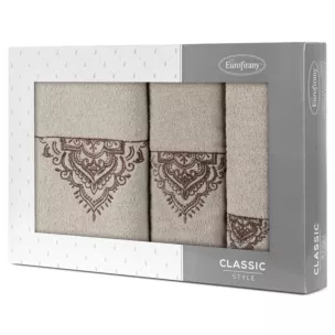 Zestaw ręczników bawełnianych 3 szt kolor beżowy, brązowy z haftem 400 g/m2 LAURA Eurofirany