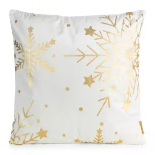 Poszewka na poduszkę  45x45 cm welwetowa biała zdobiona świątecznym nadrukiem szampańskich śnieżynek Eurofirany
