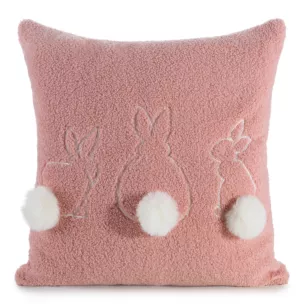 Poszewka na poduszkę 45x45 cm z tkaniny typu bukla i uroczym haftem z pomponami pudrowo, biała WIOSNA 53 Eurofirany