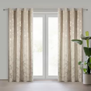 Zasłona beżowo, szampańska welwetowa zdobiona błyszczącym nadrukiem 140x250 cm przelotka - RAJA Eurofirany